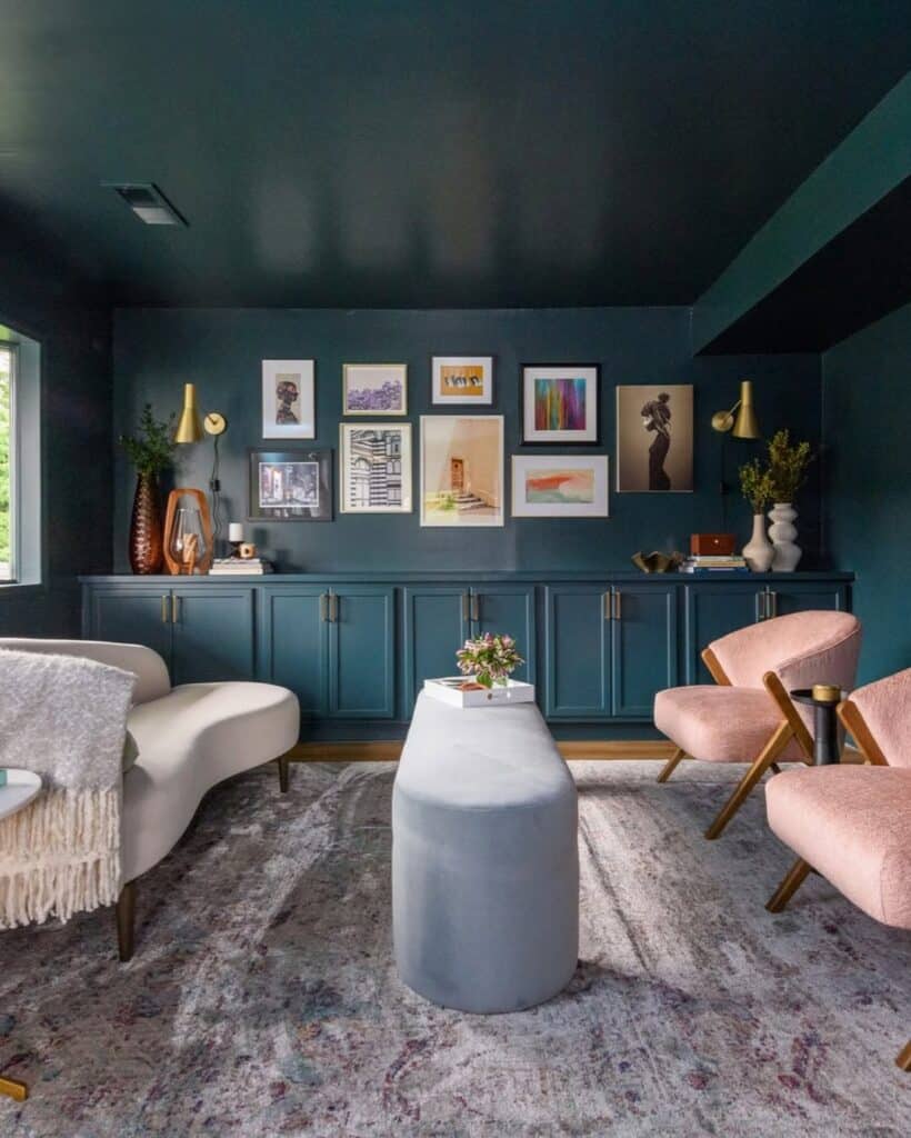 Deep Teal and Blush Living Room