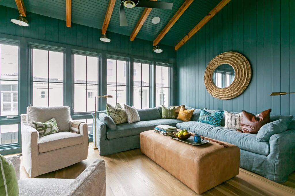 Rustic Mountain Teal Living Room with Vaulted Ceiling