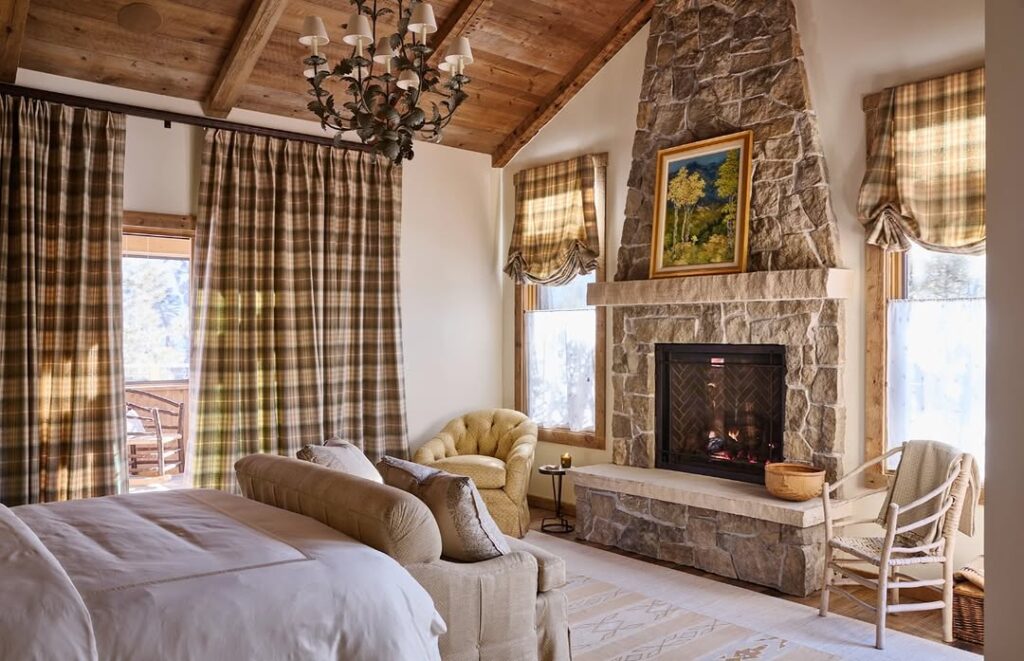 Rustic Stone Fireplace and Plaid Accents