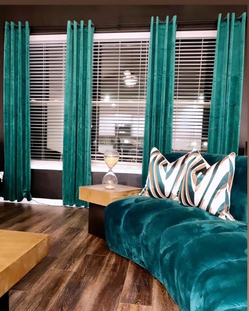 Symmetrical Modern Teal Velvet Living Room