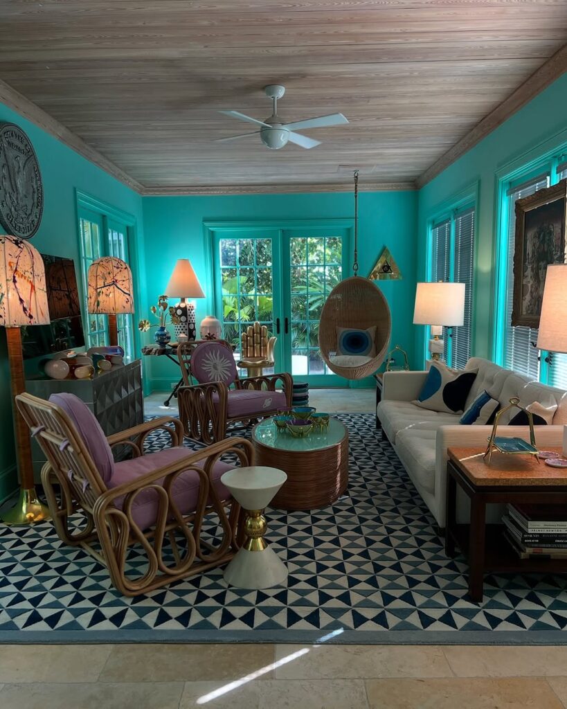 Teal Rattan Retro Coastal Living Room