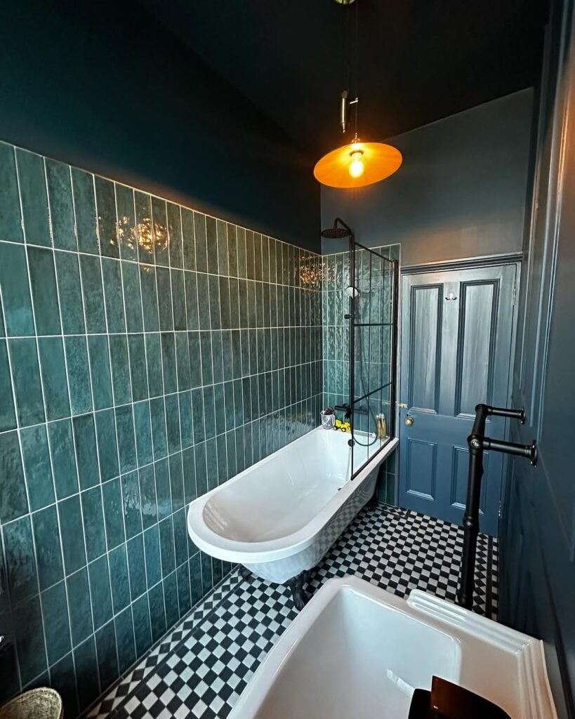 Teal Tile With Clawfoot Tub