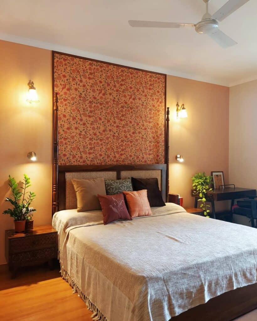 Velvet Headboard Bedroom with Linen Curtains