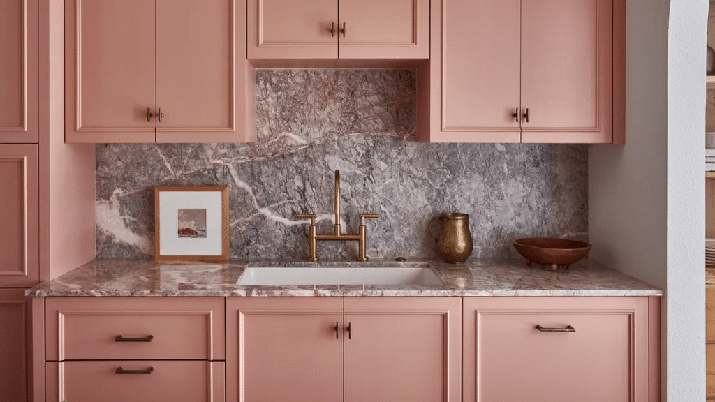Dusty Rose Cabinets and Marble Countertops