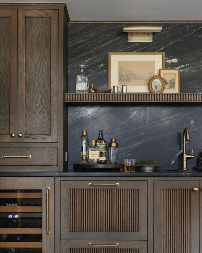 Espresso Oak Fluted Cabinets with Veined Stone