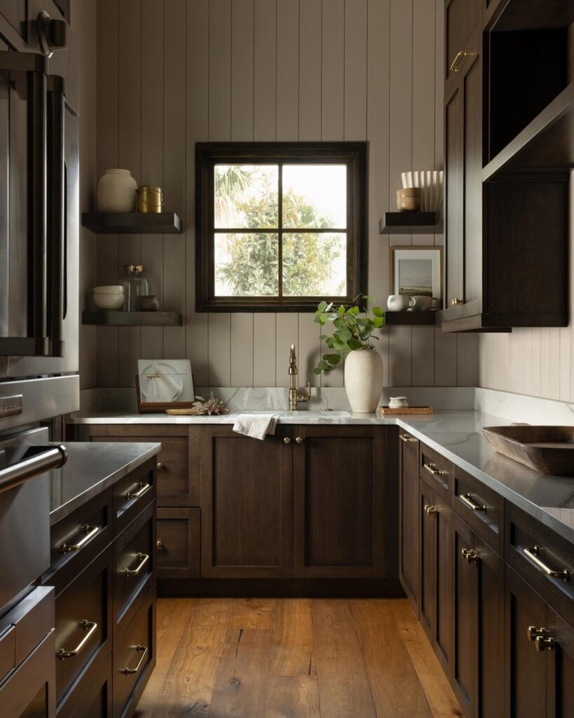 Espresso Shaker Cabinets and Taupe Paneling