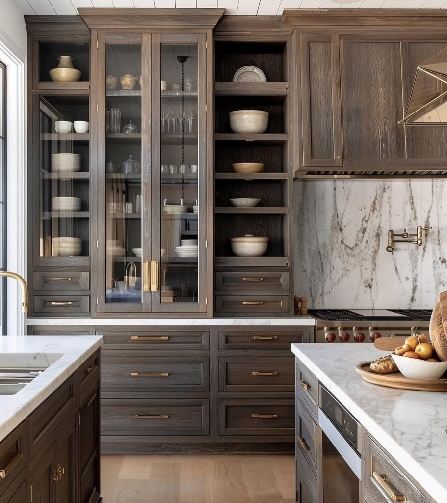 European Walnut Cabinetry with Brass and Fluted Glass