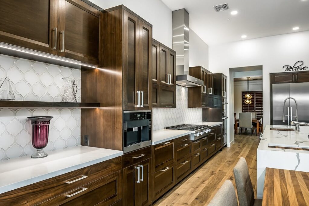 Linear Galley Kitchen with Dark Walnut Cabinets