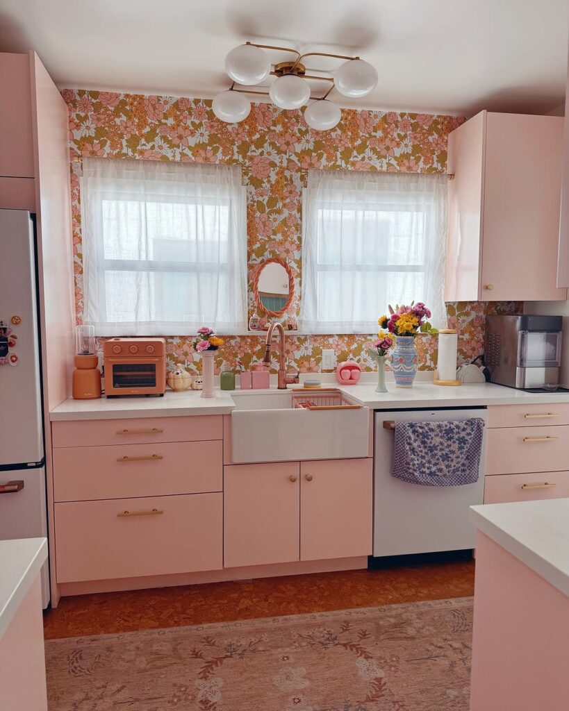Pink Cabinetry and Floral Wallpaper