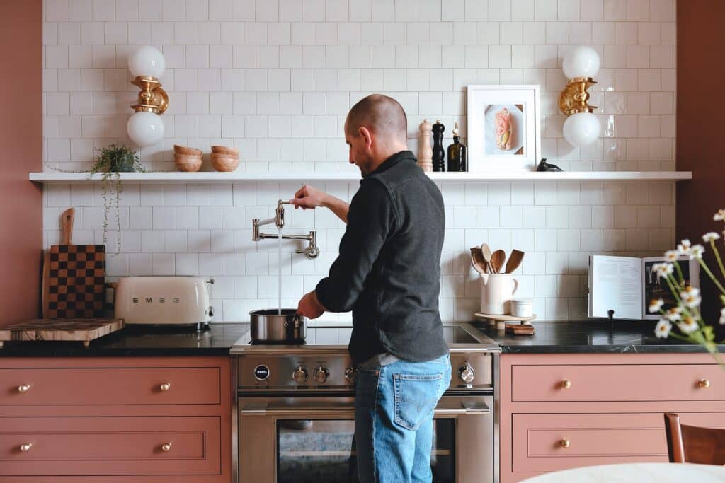 Pink Cabinetry and Open Shelves