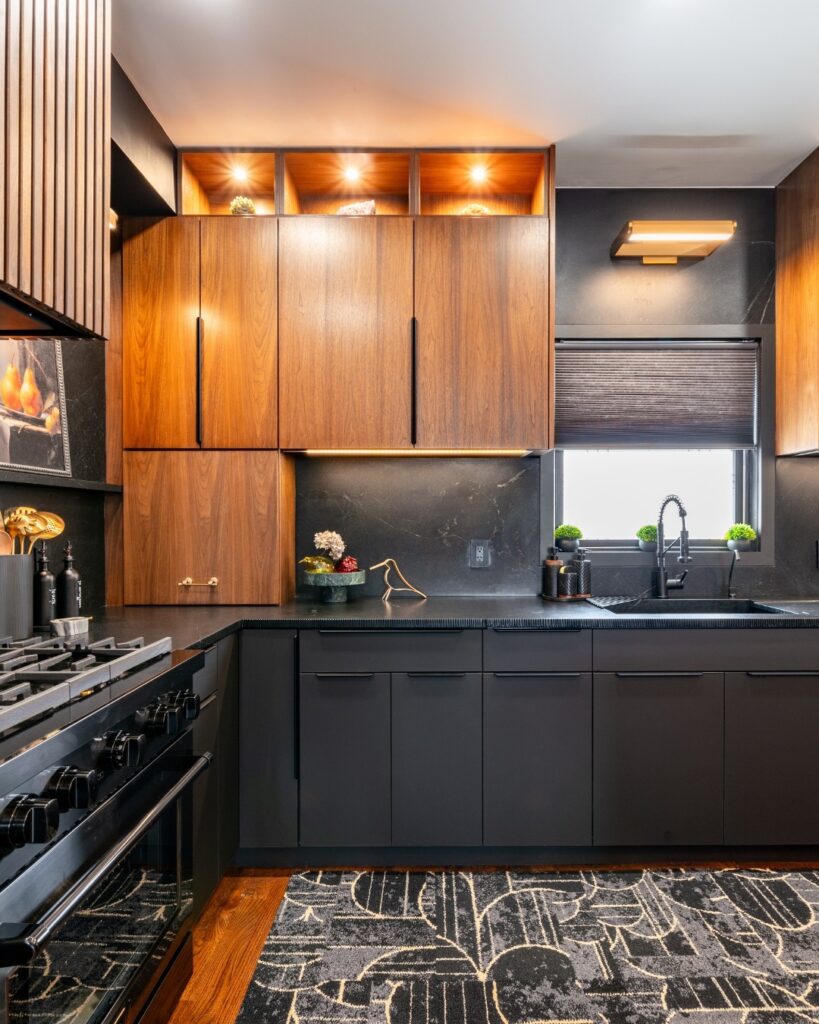 Rich Walnut and Matte Black Cabinetry with Illuminated Cubby