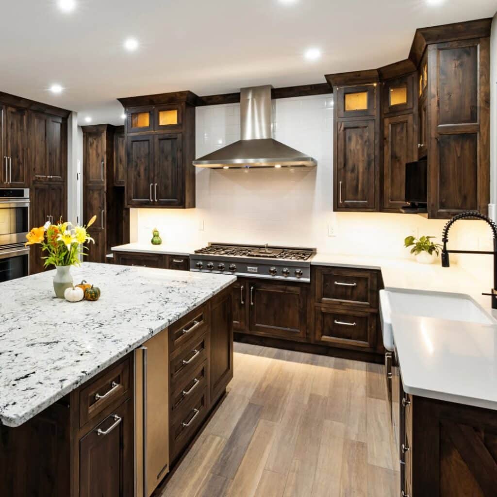 Rustic Espresso-Stained Shaker Cabinet, Backlit Upper Cabinet, Large Quartz Island