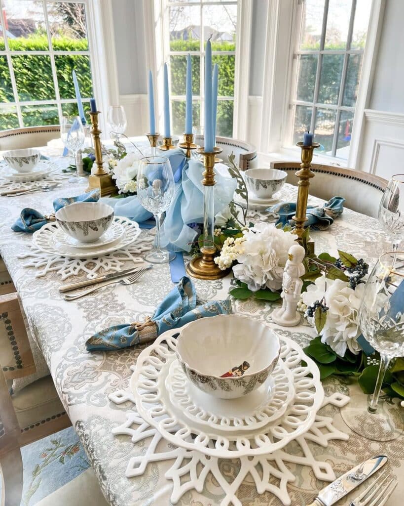 A Tablescape in Nutcracker Blue with Snowflake Lace