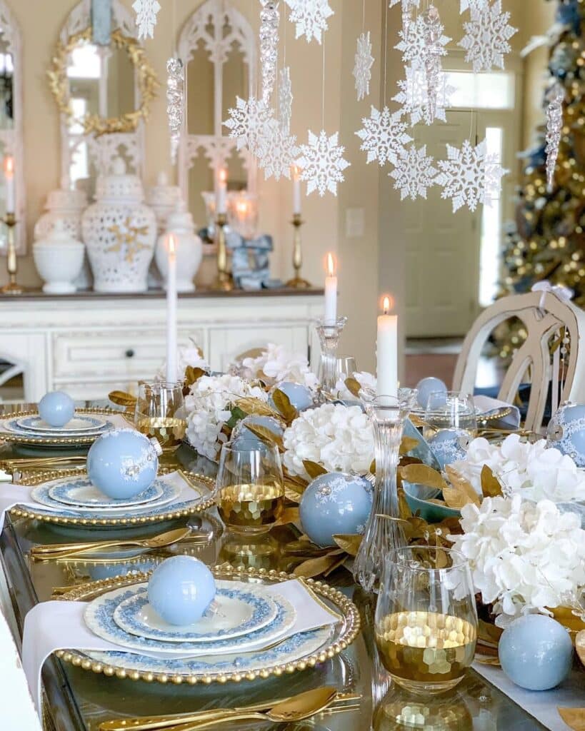 Blue and Gold Winter Tablescape