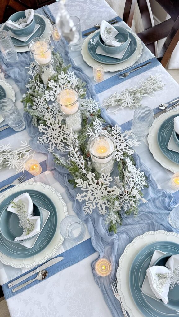 Cascade Tablescape with Icy Snowflakes