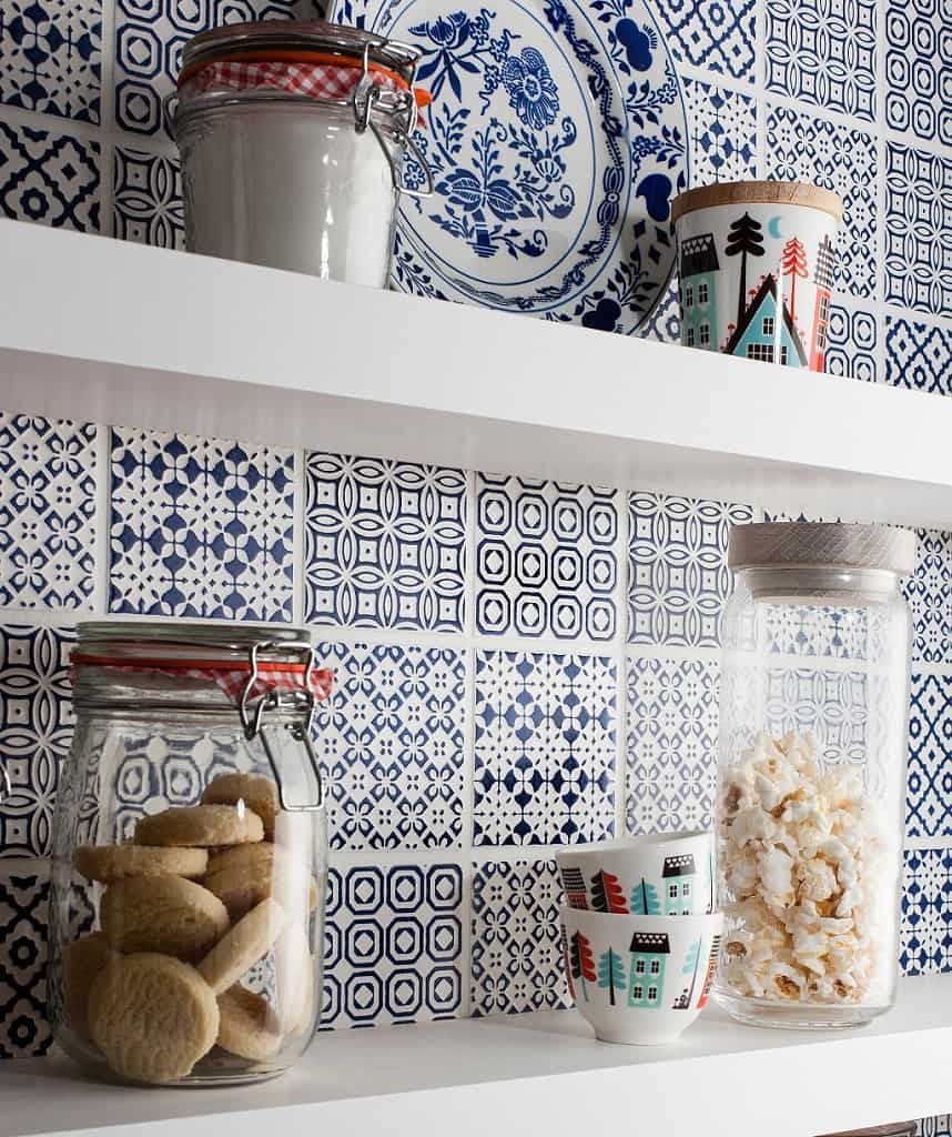 batik patchwork tile kitchen backsplash blue