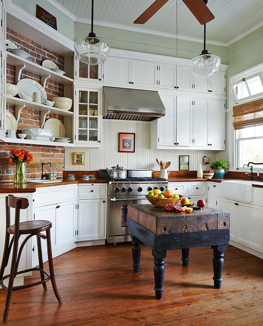Beach style kitchen with a tiny, custom island [Design: Rosenberg + Gibson Design]