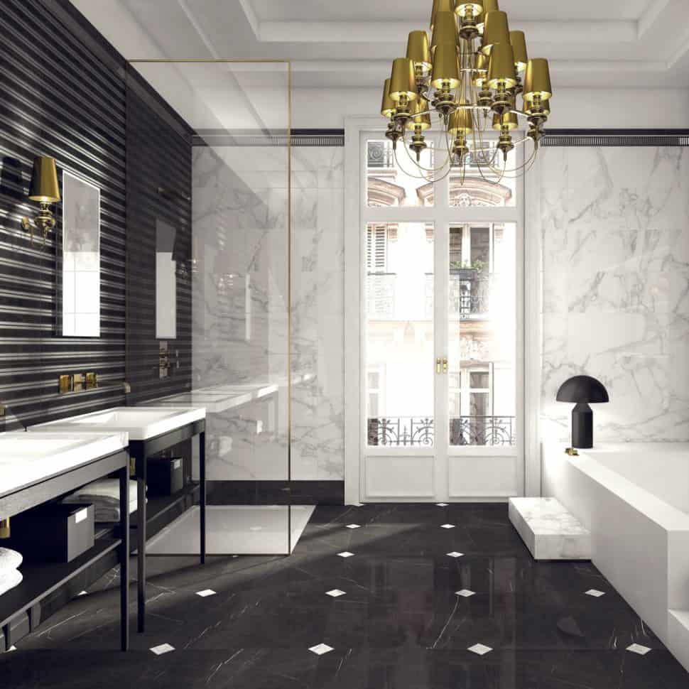 The edginess of the rustic offsets the natural regal feel marble has, makes the bathroom appear larger.