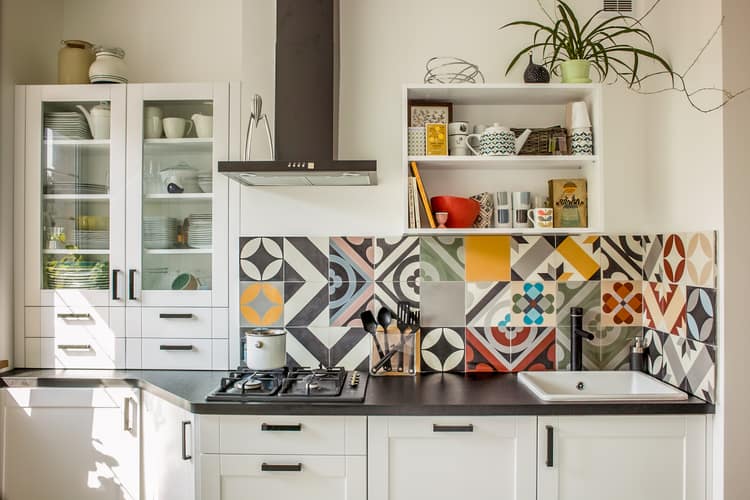 concrete purpura tiles patchwork backsplash light kitchen