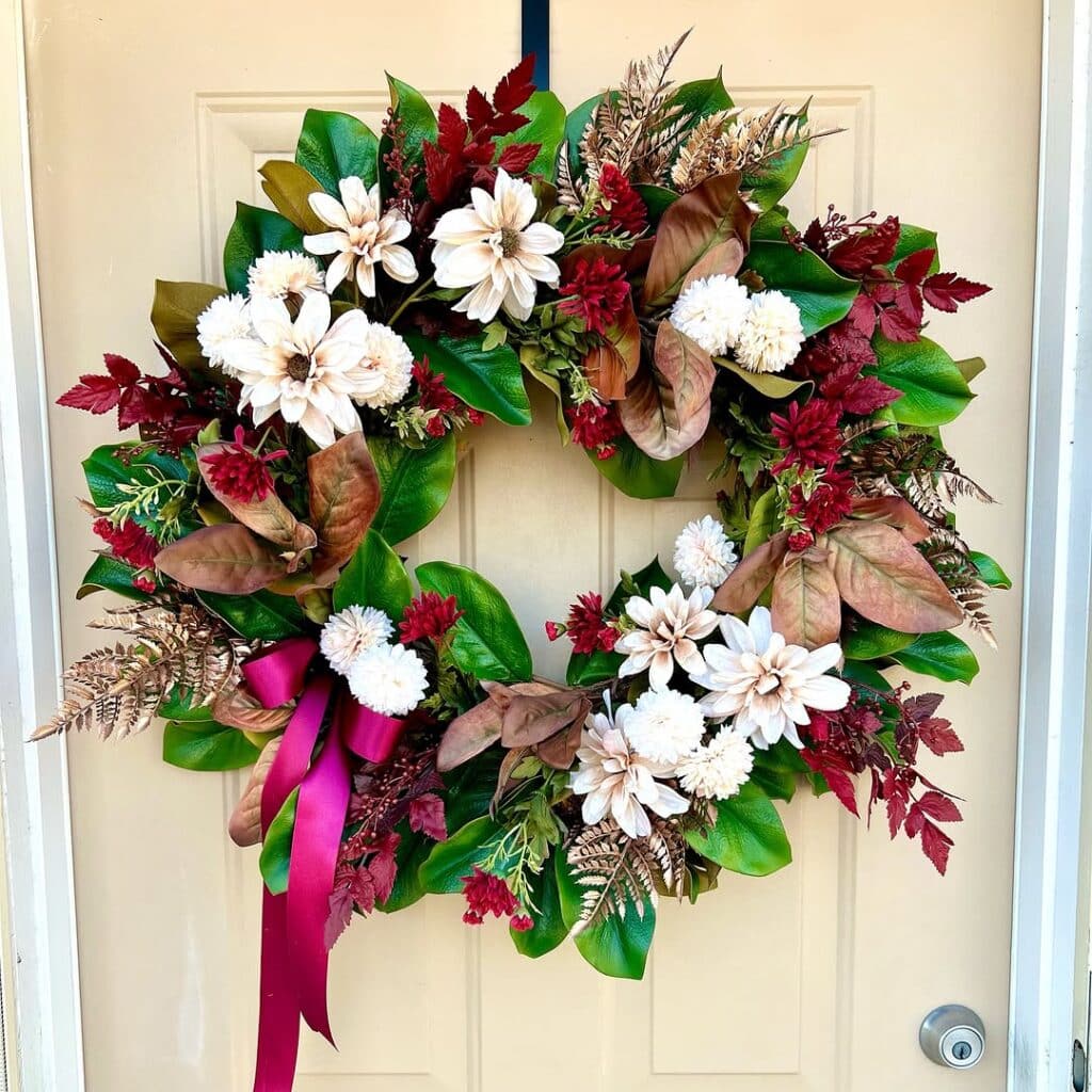 Cranberry Dahlia Magnolia Wreath