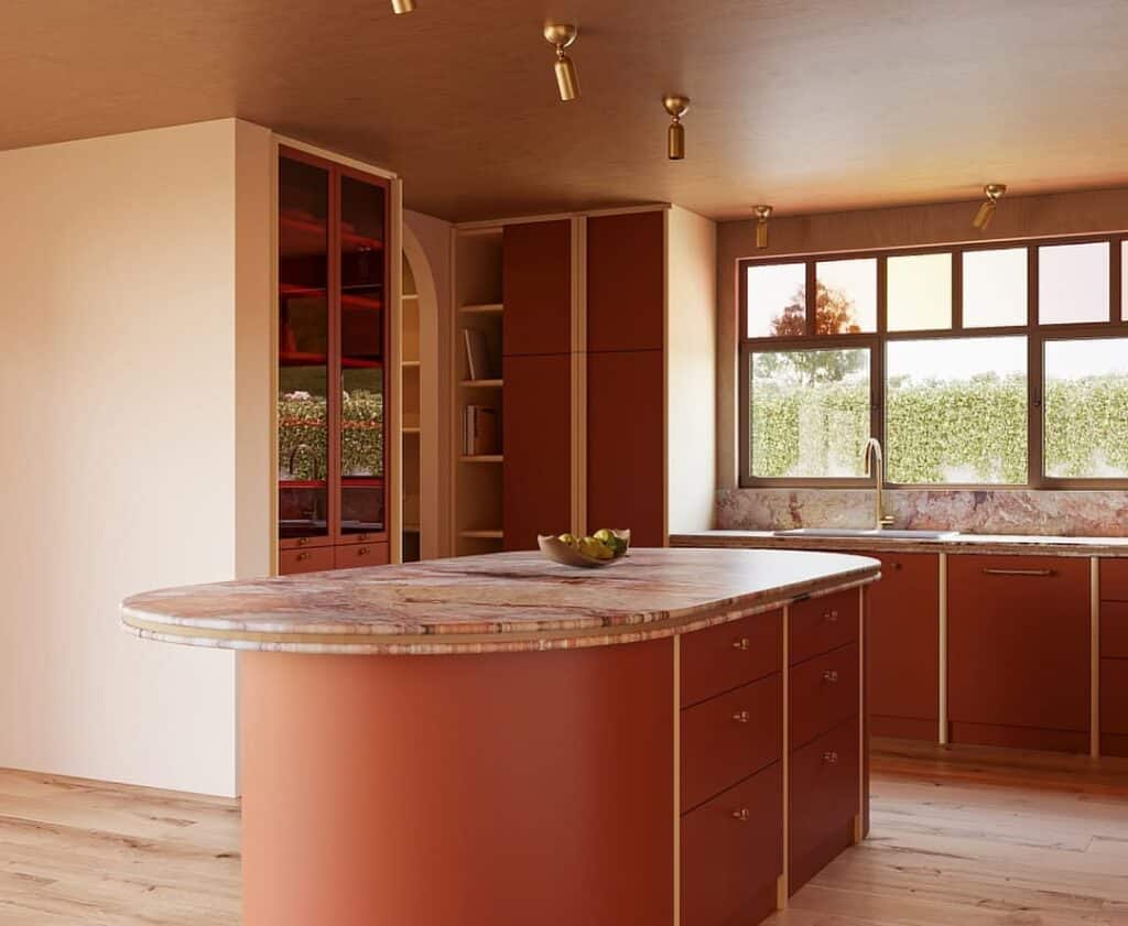 Curved Terracotta Cabinets with Marble