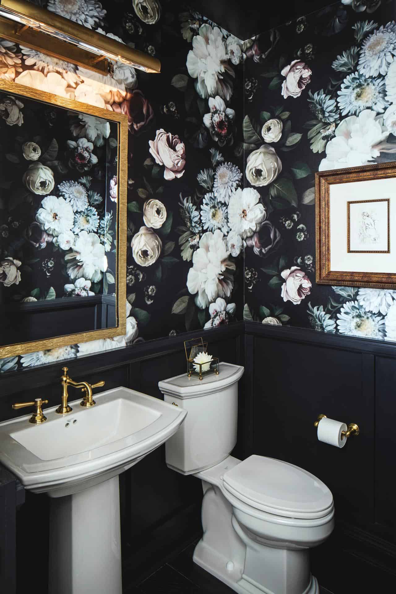 dark floral powder room