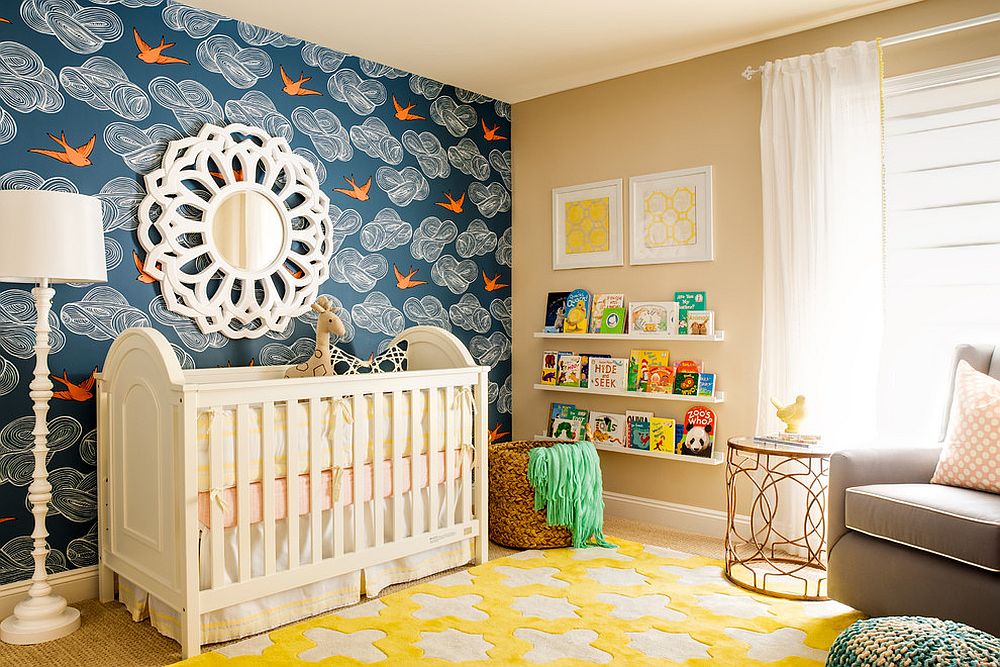 Daydream wallpaper in blue and rug in smart yellow for the transitional nursery [Design: J & J Design Group]
