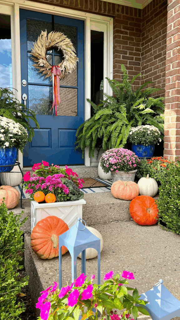 Fall Entryway with a Corn Husk Wreath and Color-Pop Florals