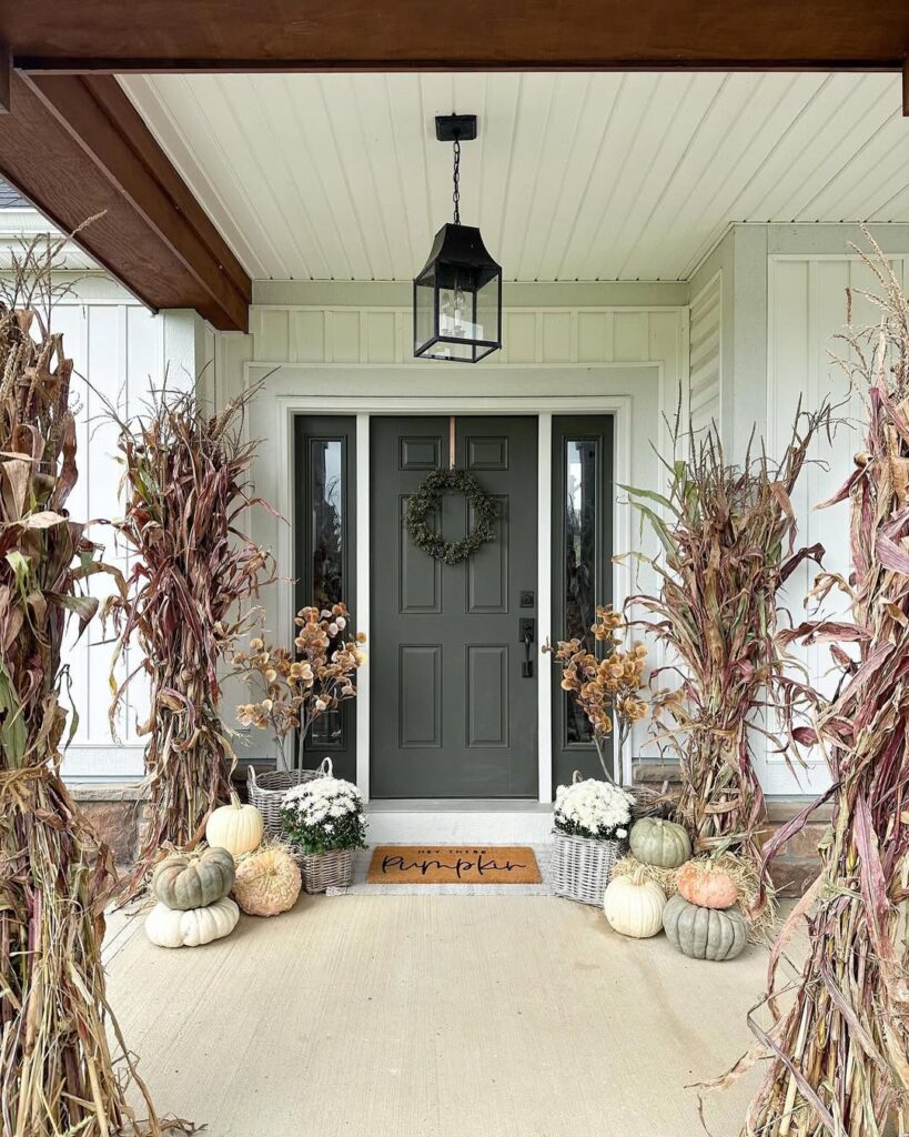 Fall Porch with Woven Accents and Corn Stalk Columns