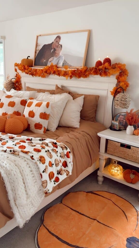 Fall Pumpkin Bedroom Decor with Textiles