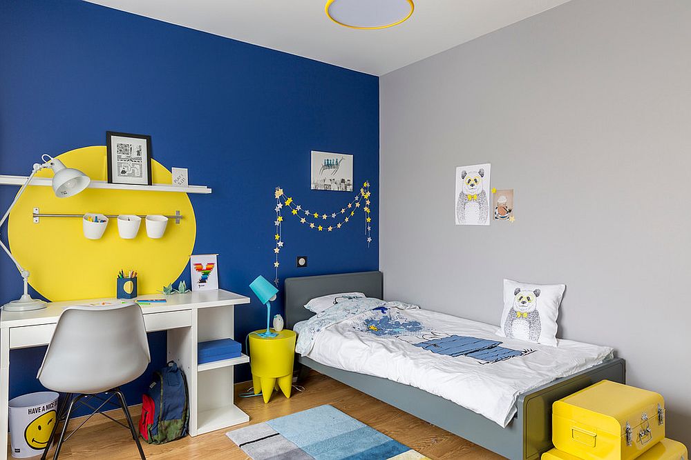Fun way of adding yellow to a room with bright blue accent wall [From: Delphine Guyart / Ma déco pour tous]