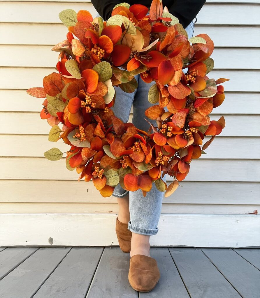 Golden Seed Cluster Eucalyptus Wreath in Burnt Orange for Fall