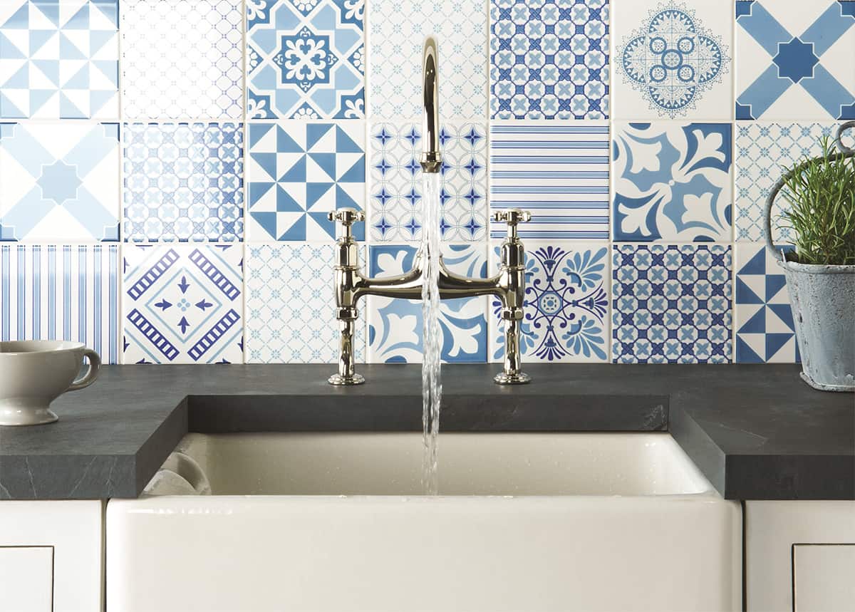 kitchen backsplash blue tapestry tile patchwork