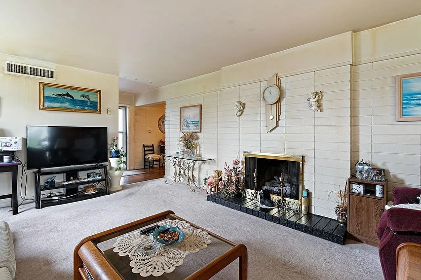 Mid-Century Block Fireplace with Brass Trim