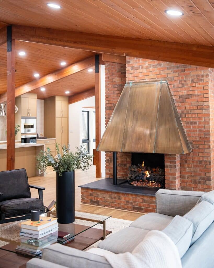 Mid-Century Brick and Copper Fireplace
