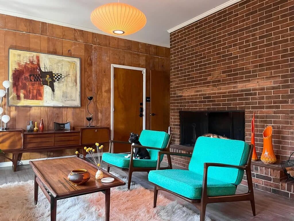 Mid-Century Brick and Teak Fireplace
