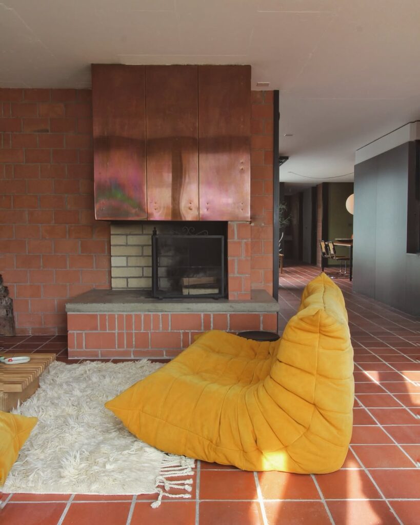 Mid Century Fireplace in Brick with Copper Hood