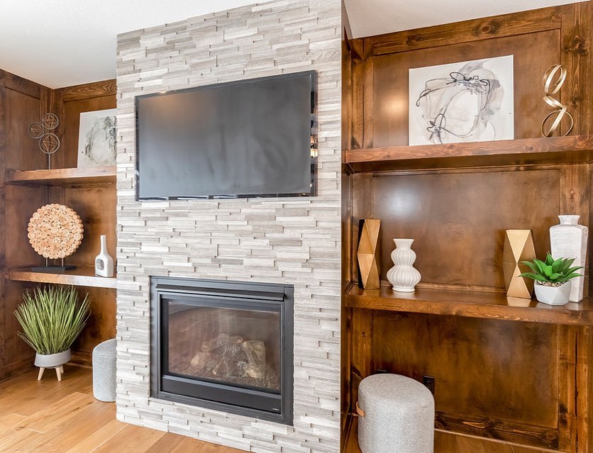 Mid-Century Stacked Stone Fireplace