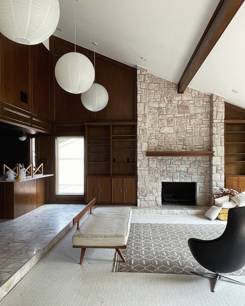Mid-Century Stone Fireplace and Globe Lights