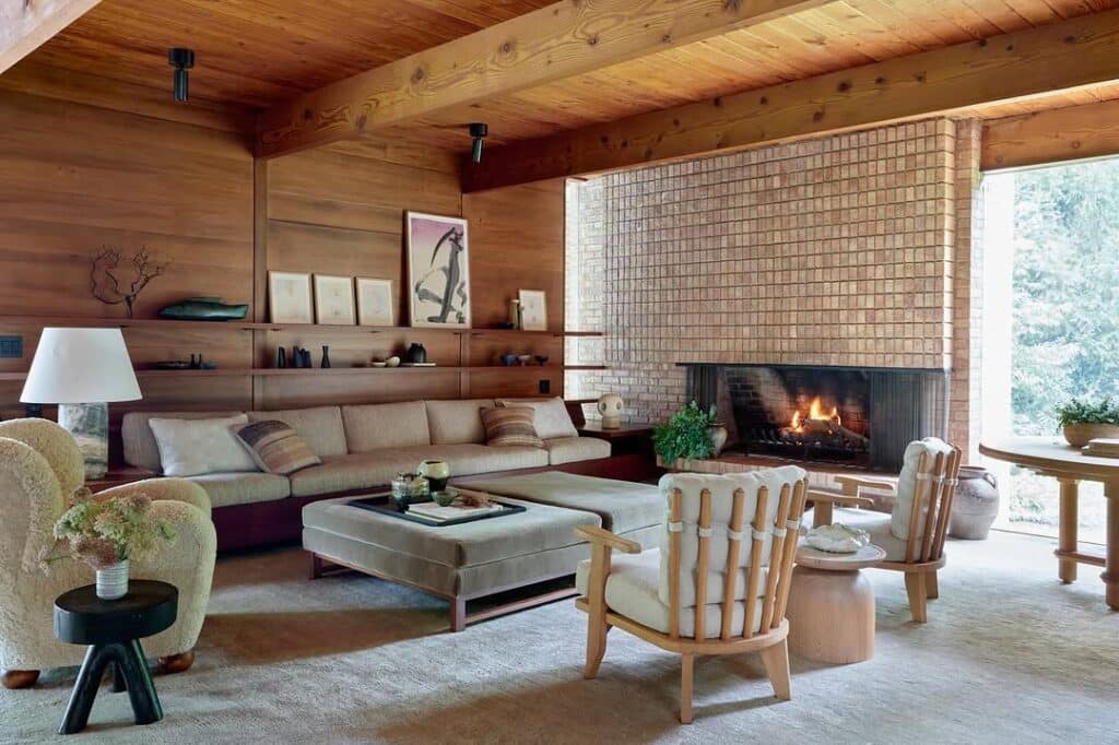 Mid Century Textured Brick Fireplace and Wood Paneling