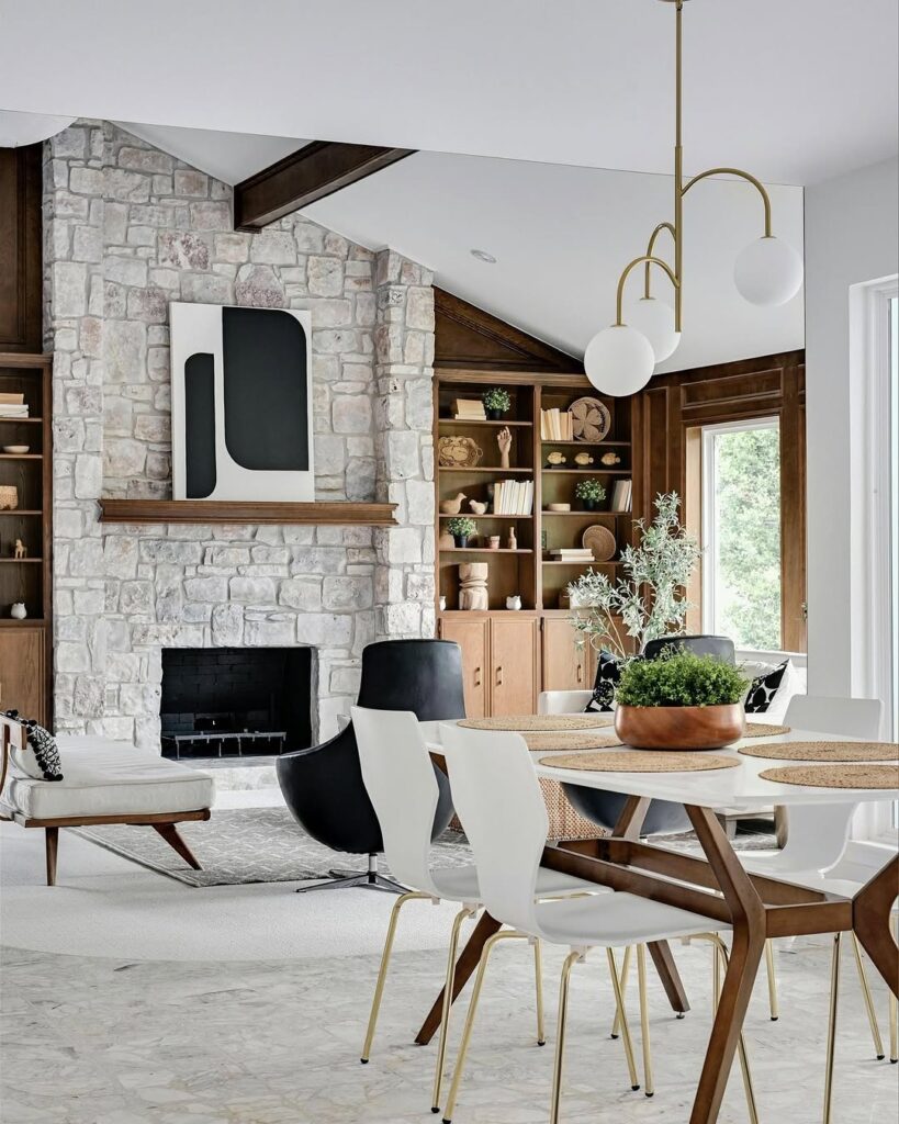 Modern Art Above a Mid-Century Stone Fireplace