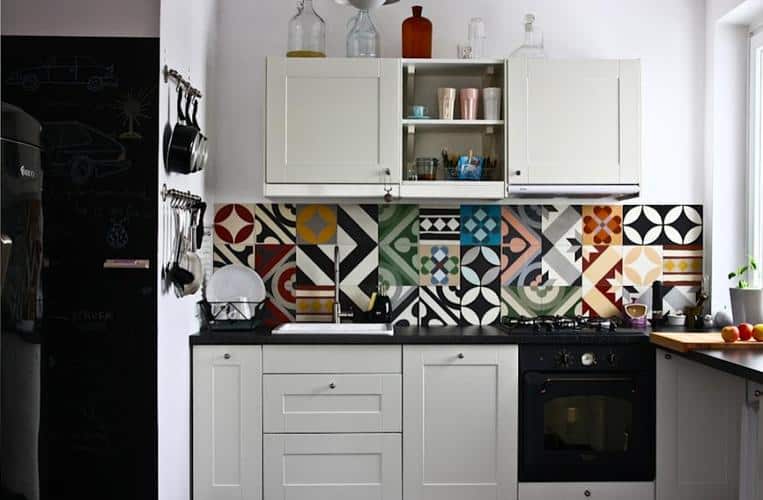 modern patchwork tile purpura backsplash dark kitchen