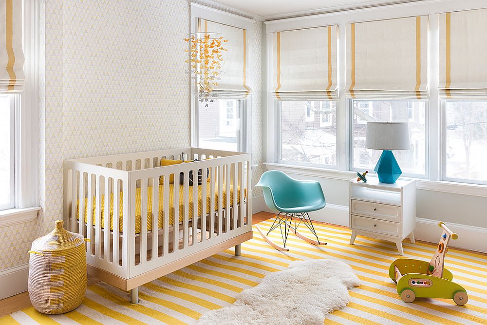 Plastic Molded Rocking Chair and table lamp add blue to the white and yellow nursery [Design: MANDARINA STUDIO interior design]