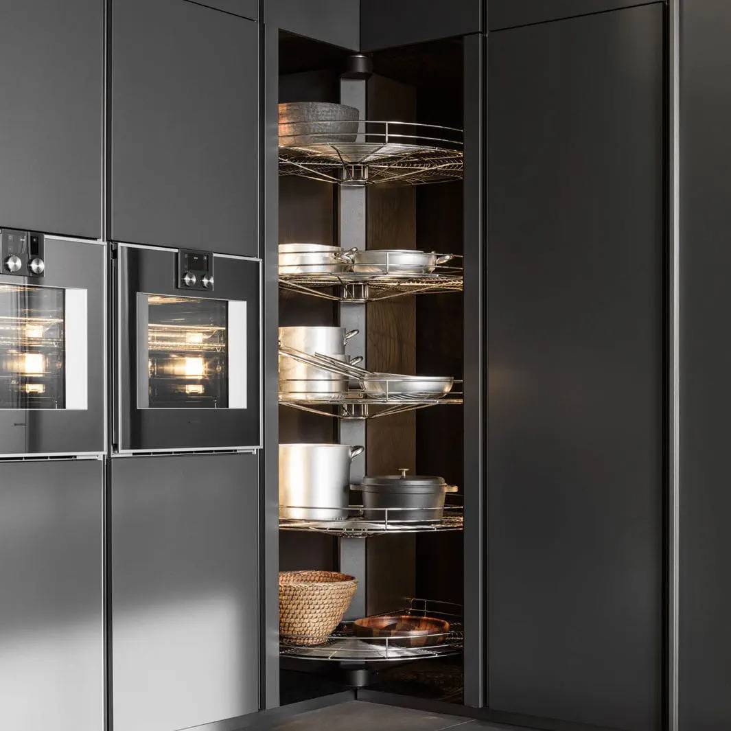 Revolving shelves with kitchenware