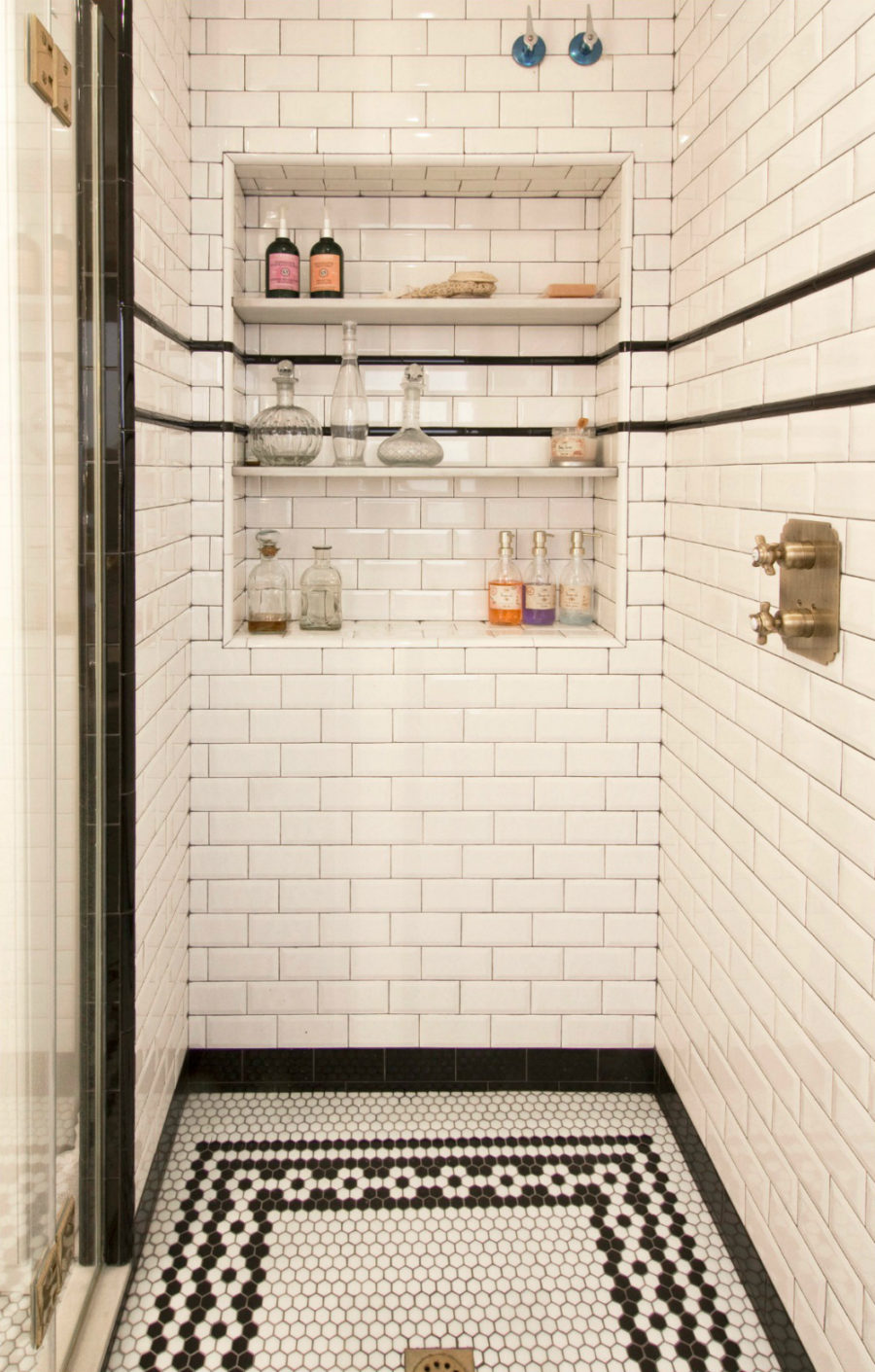 Small shower with patterned floors