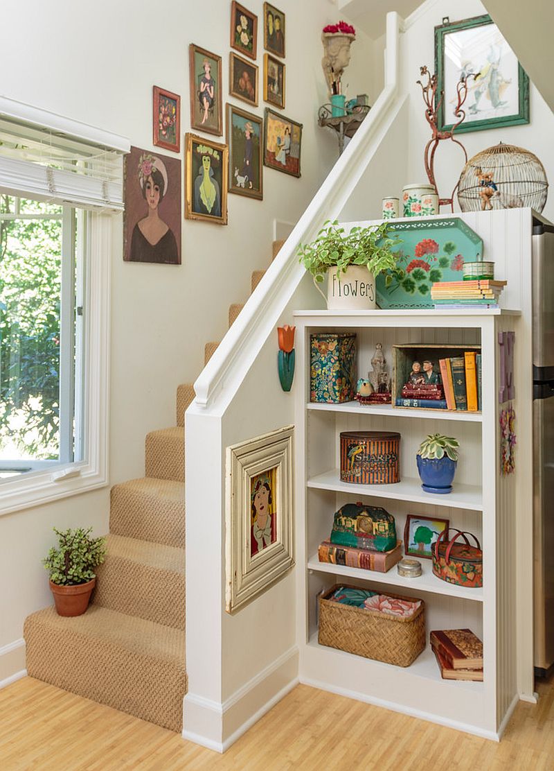 Smart storage unit next to the small staircase [From: Mary Ann Shaklan]