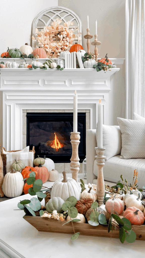 Soft Neutral White Cottage Mantel with Pastel Pumpkins