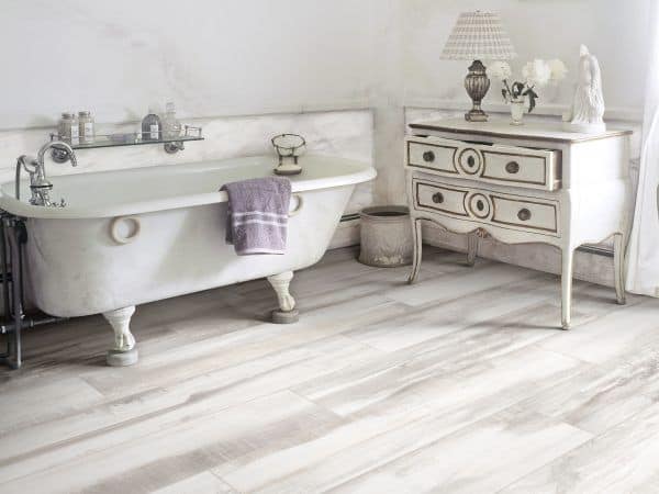 white washed vintage wood tile bathroom