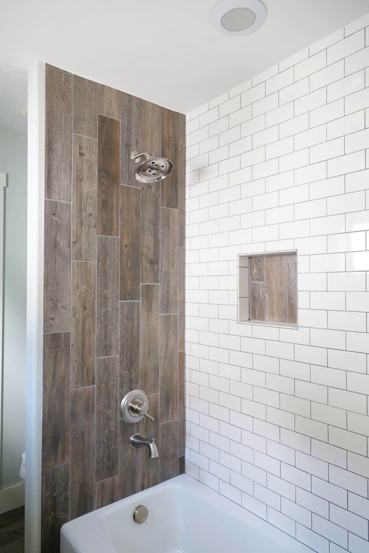 wood and subway tile shower