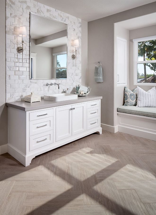 wood grain tile herrigbone bathroom